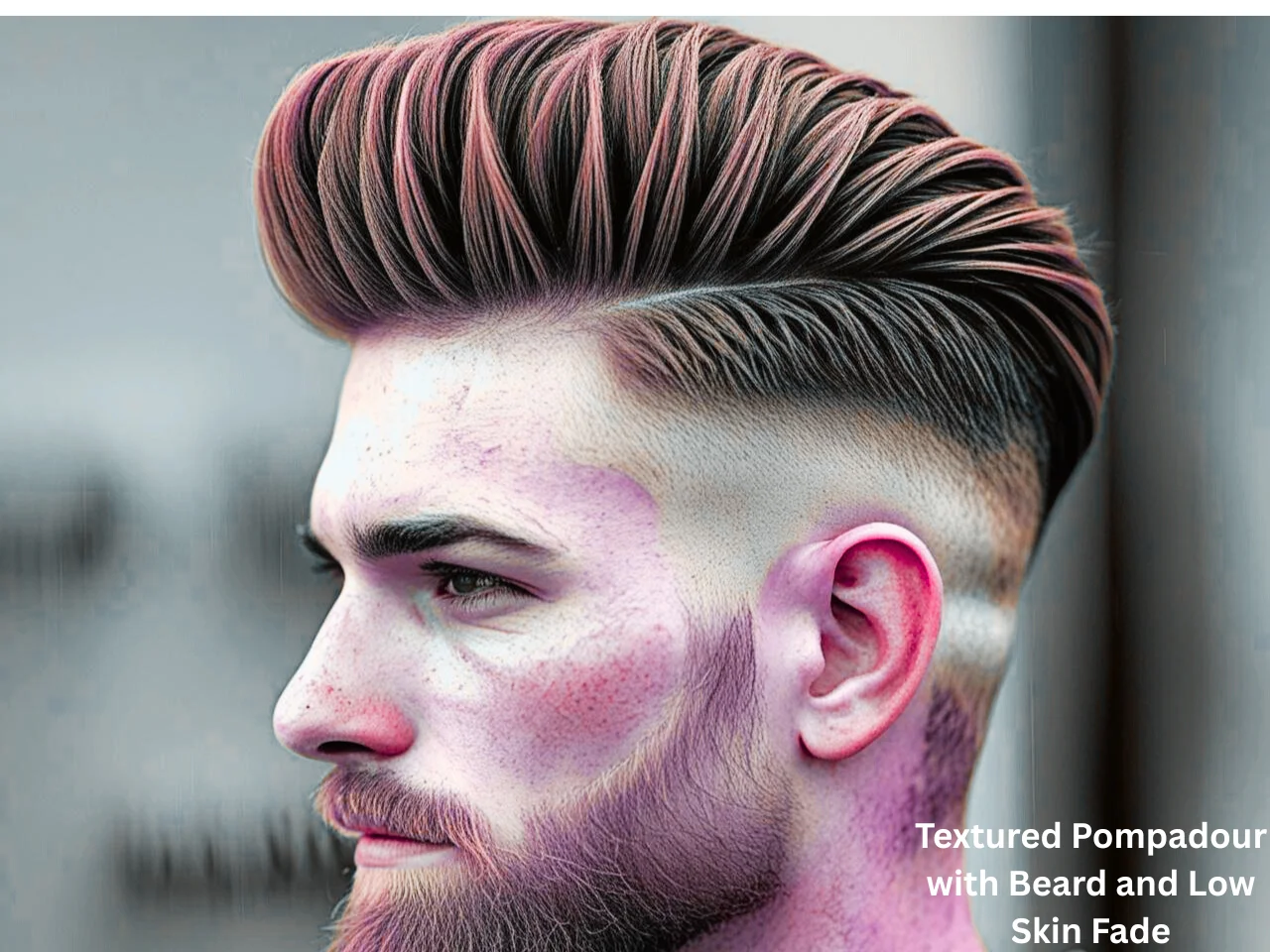 Textured Pompadour with Beard and Low Skin Fade