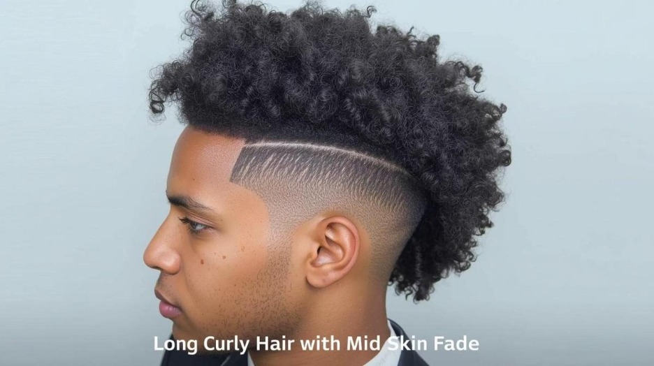 Long Curly Hair with Mid Skin Fade