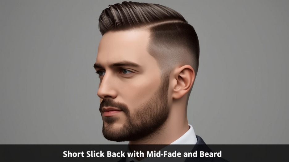 Short Slick Back in cut but with Mid Fade and Beard