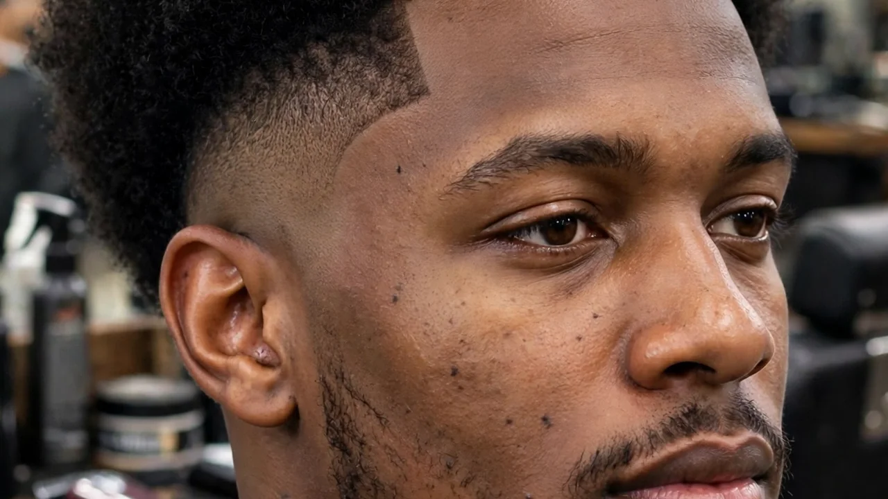 drop fade afro hairstyle with arched fade line behind the ear