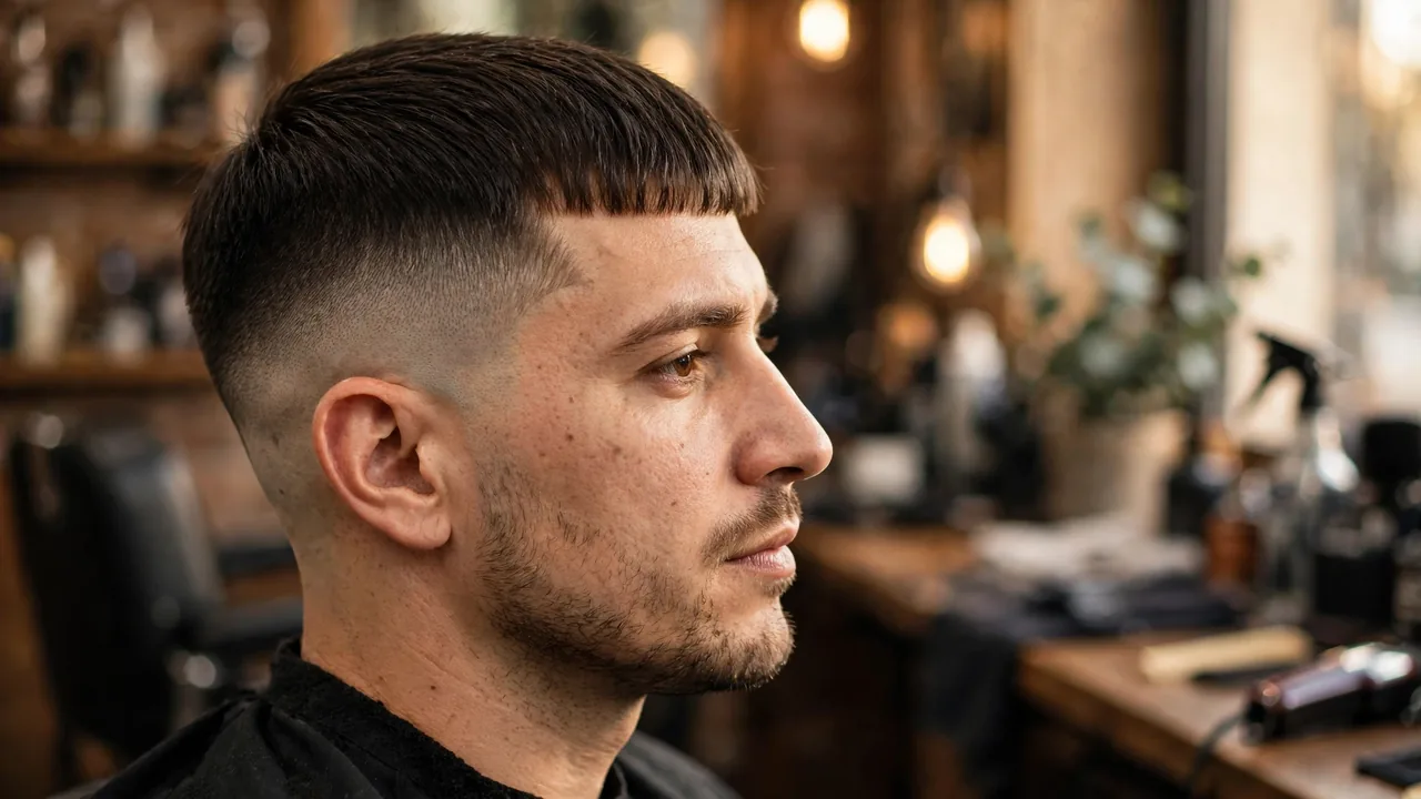 Caesar fade haircut for men with clean faded sides and a straight fringe