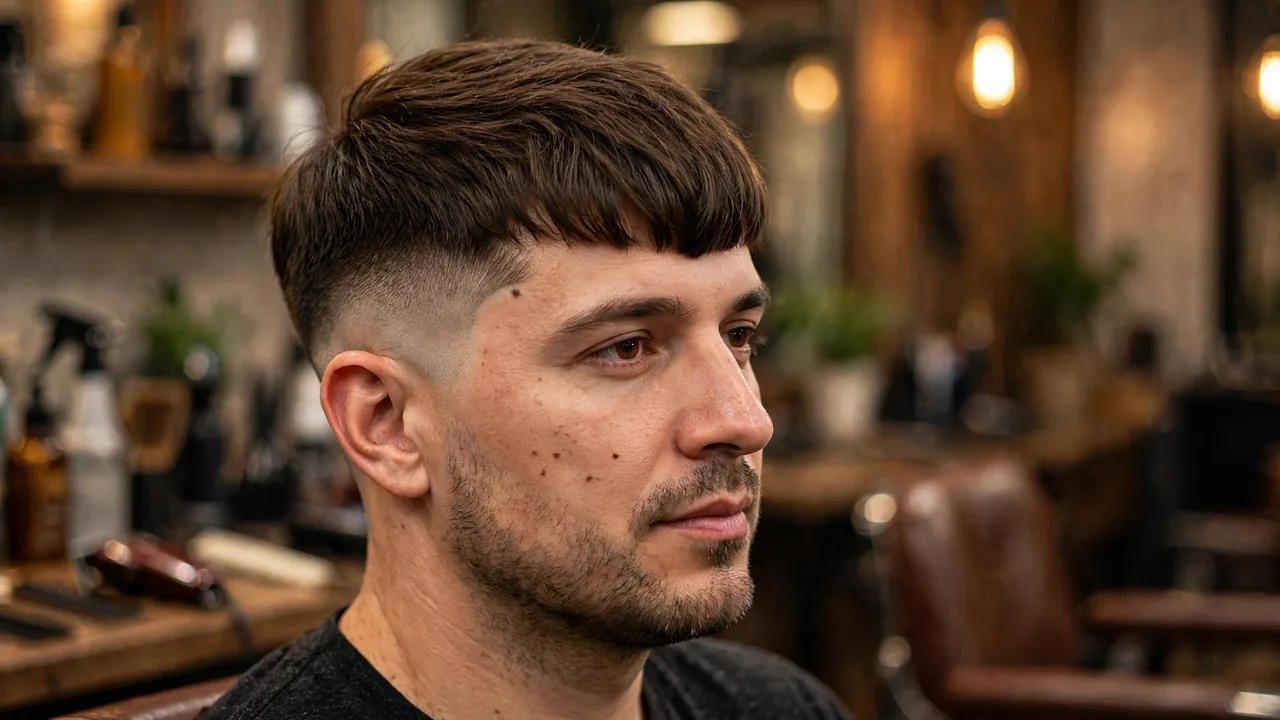 Caesar undercut haircut for men with disconnected short sides and a straight fringe