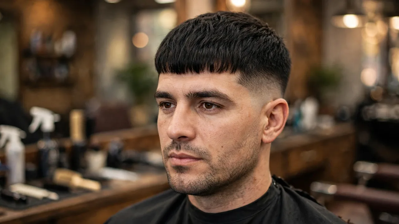 Dark caesar haircut for men with a taper fade on thick coarse hair