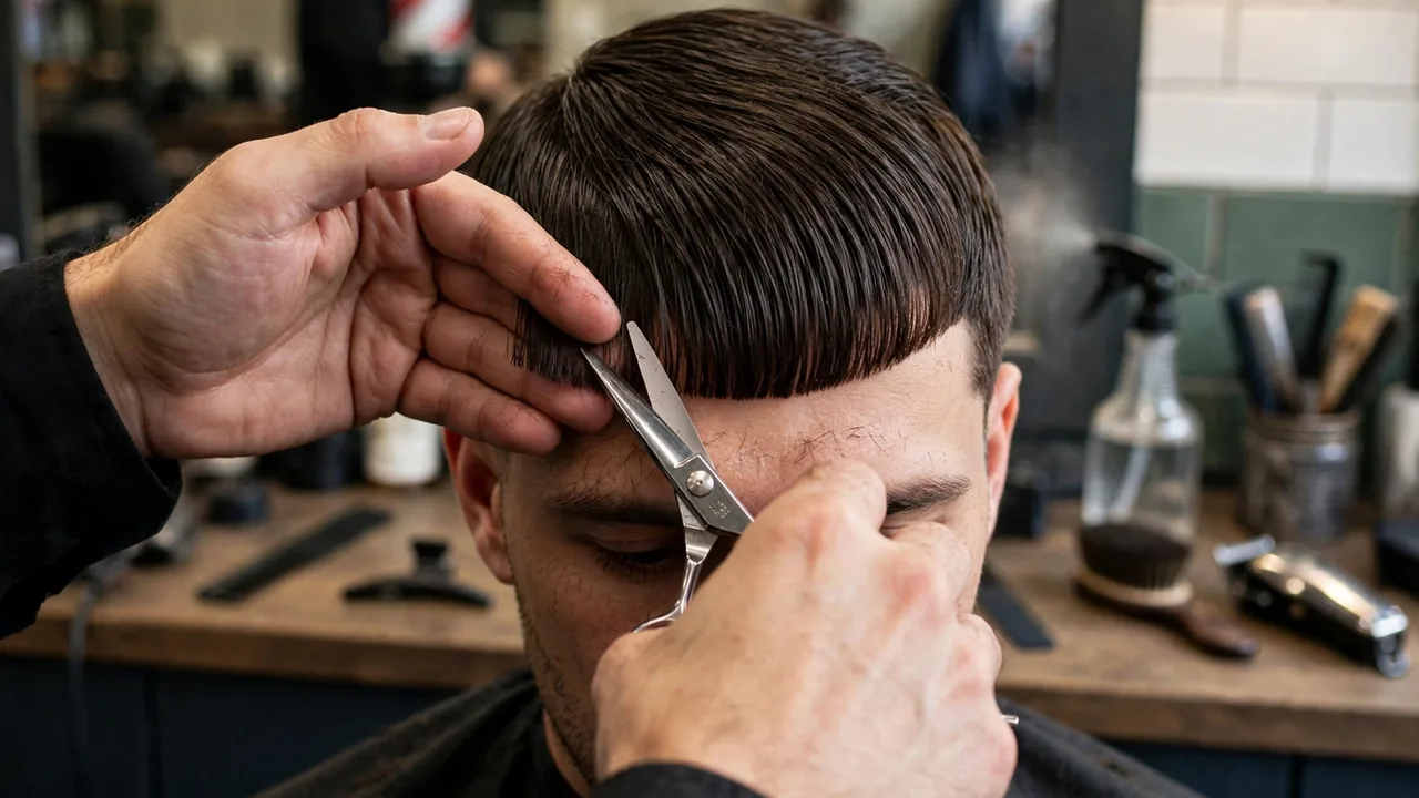 Barber trimming the straight fringe of a caesar haircut for men