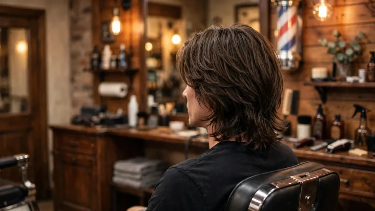 Shoulder length hair for men, layered cut shown in a barbershop