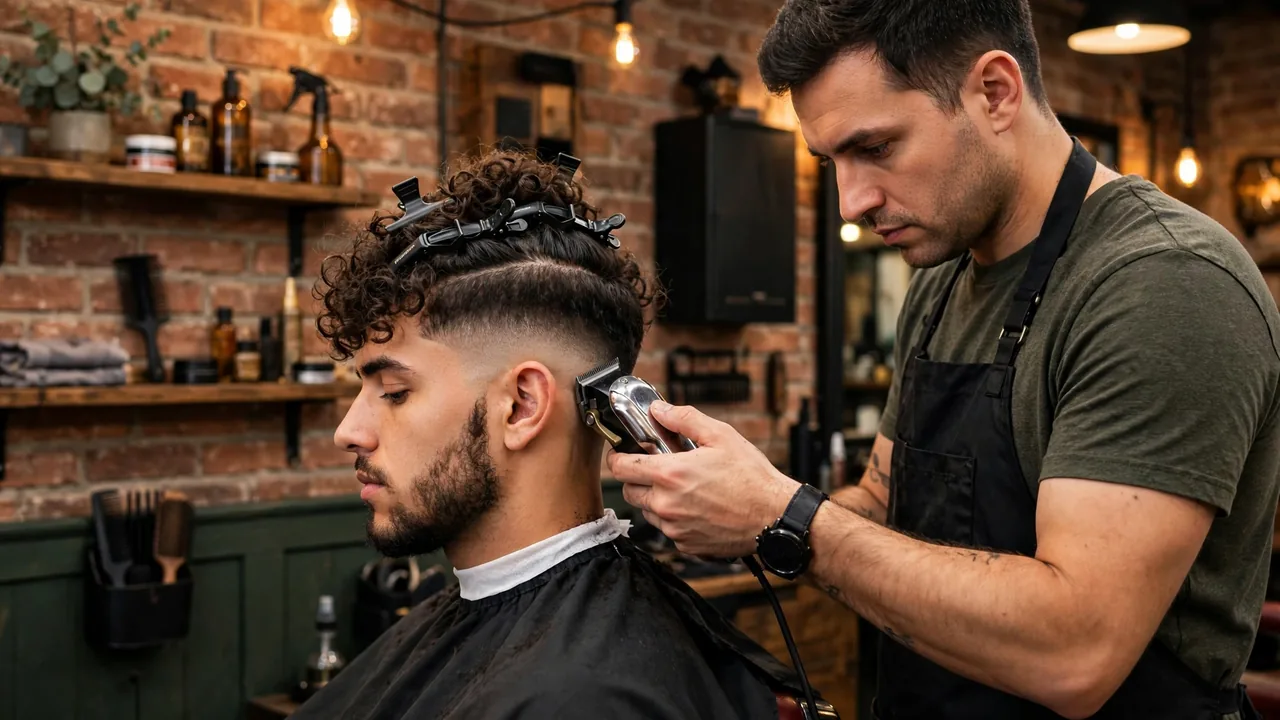 Barber blending a curly top fade with clippers in a barbershop