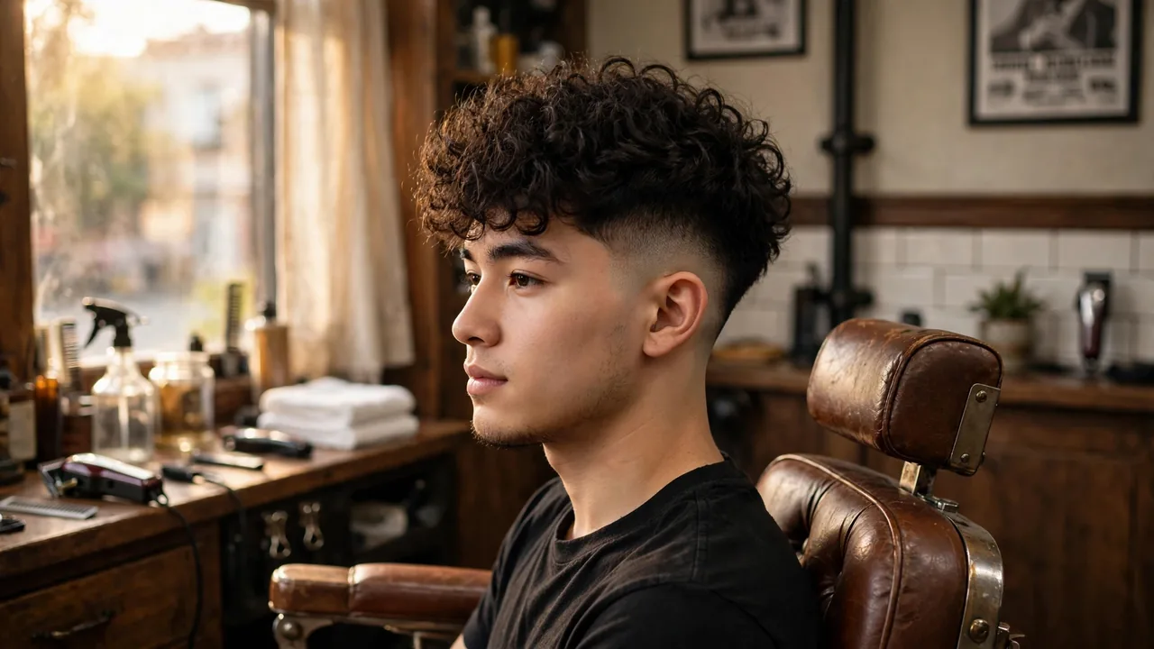 Curly top fade haircut on a man with thick curls, barbershop photo