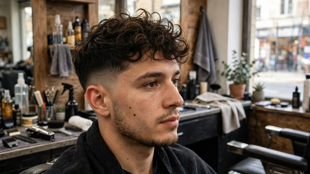Low fade with a curly top on a man with loose curls, barbershop photo