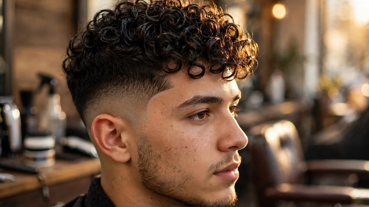 Styled curly top fade with defined curls and a sharp fade
