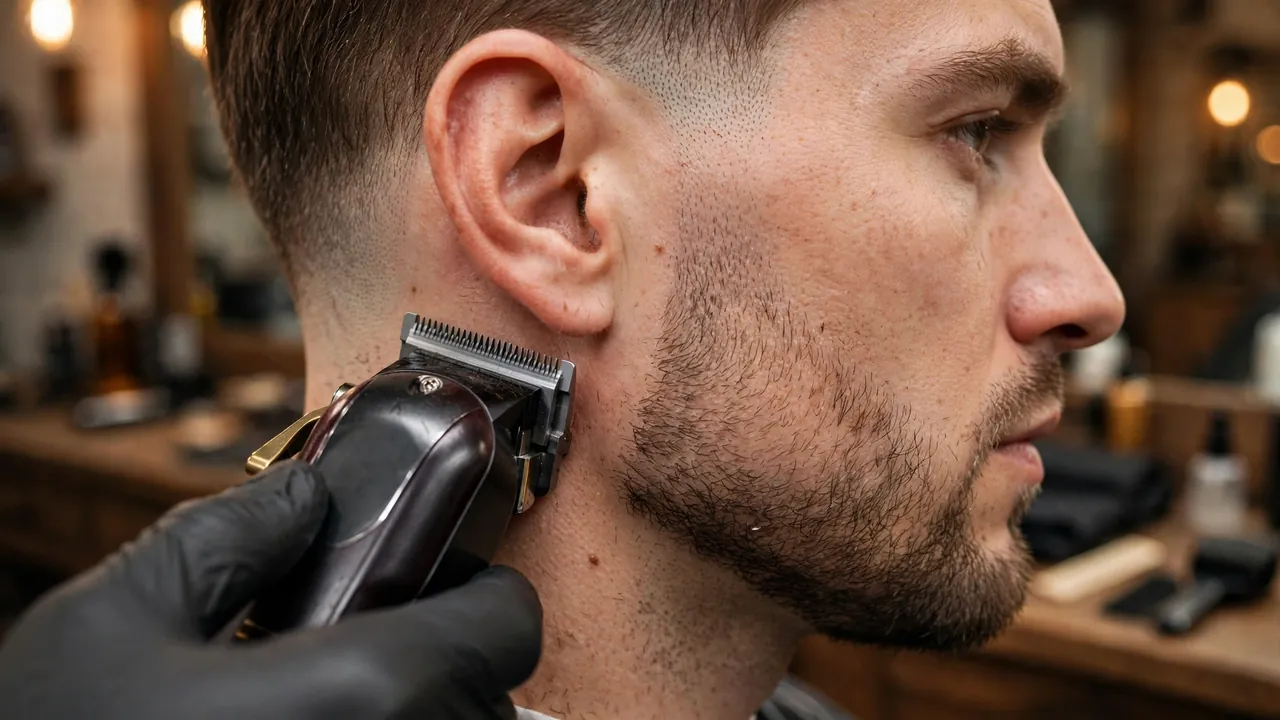 Barber blending a beard fade through the sideburns with clippers