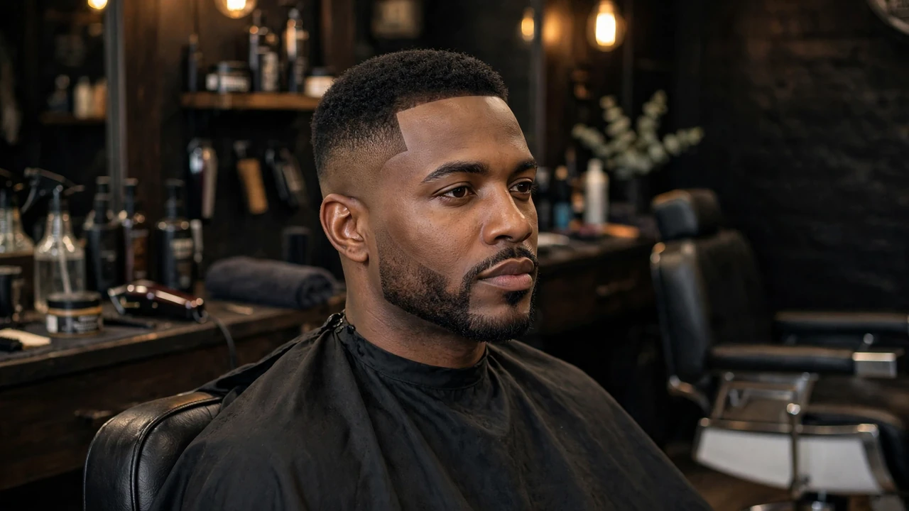 Finished beard fade with sharp lineup on a man in a barbershop