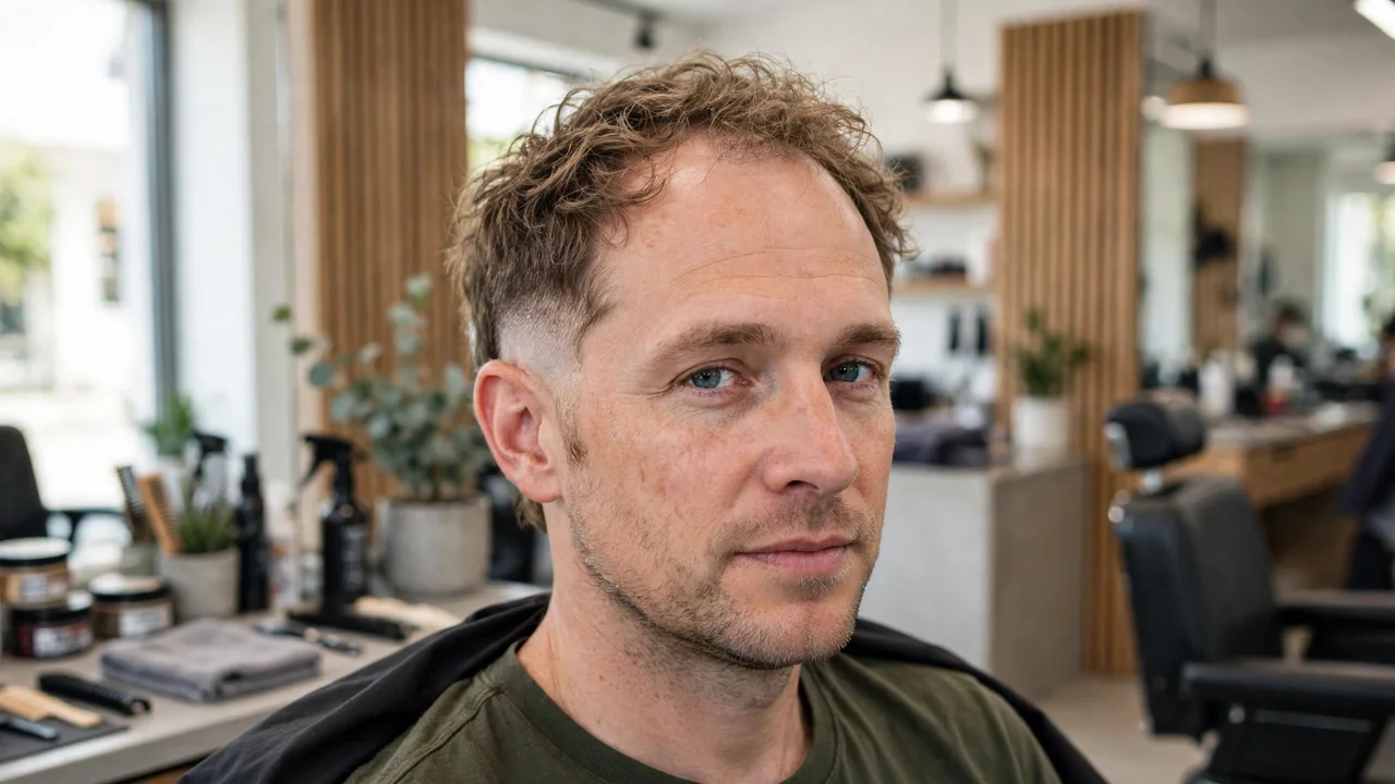 Man with thinning temples wearing a textured top with a burst fade around the ear