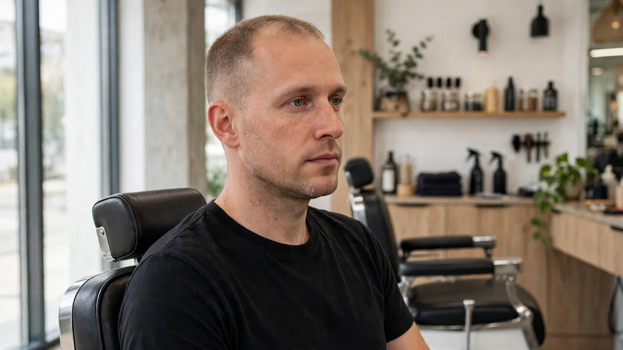 Man with early thinning hair wearing a short buzz cut
