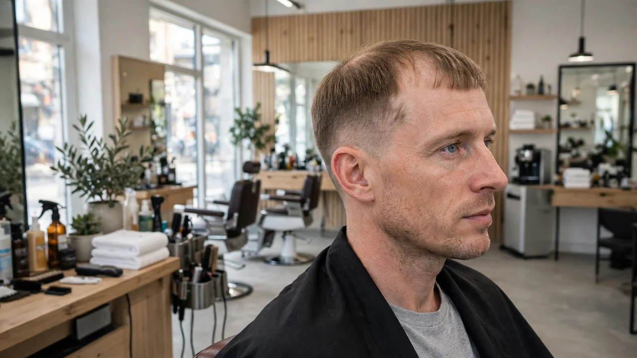 Man with fine thinning hair wearing a short Caesar crop with a small forward fringe