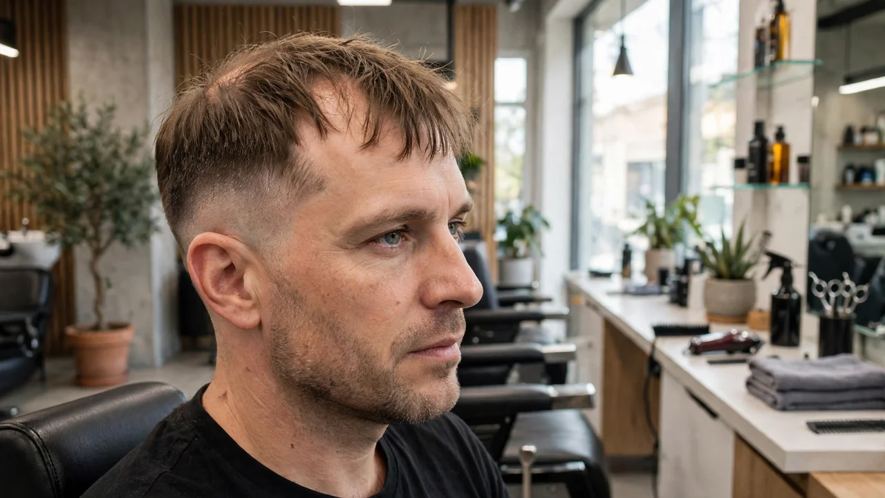 Man with thinning hair at the front wearing a French crop with a forward fringe