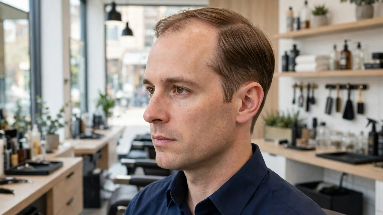 Man with early thinning hair wearing a classic Ivy League haircut with a soft side part
