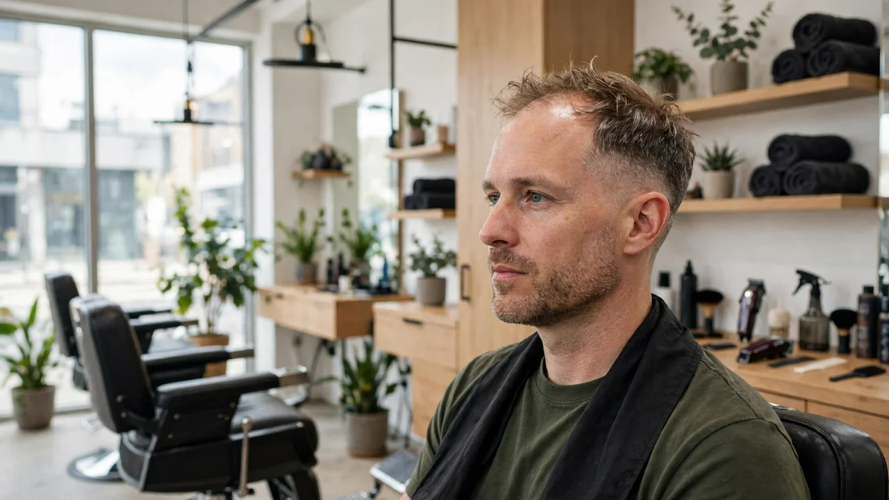 Man with thinning hair wearing a textured crop with a low taper fade
