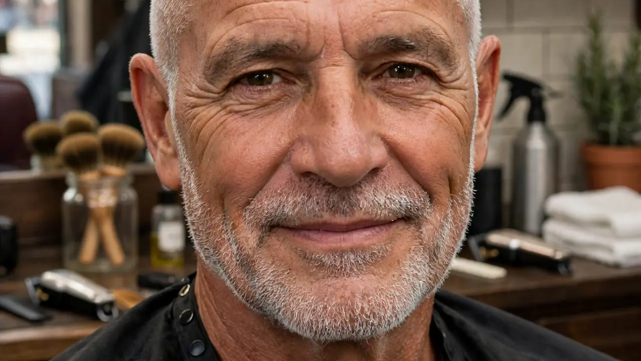 Older man with silver grey hair wearing a short buzz cut