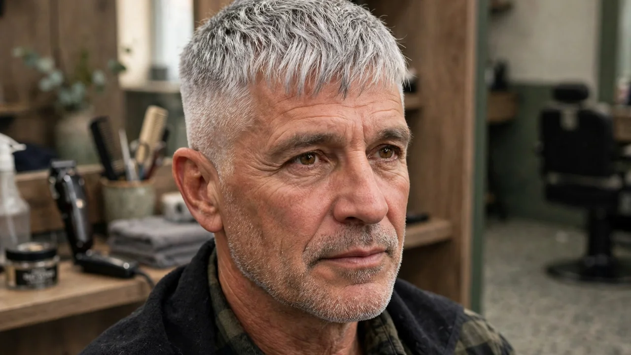 Older man with silver grey hair wearing a short French crop haircut