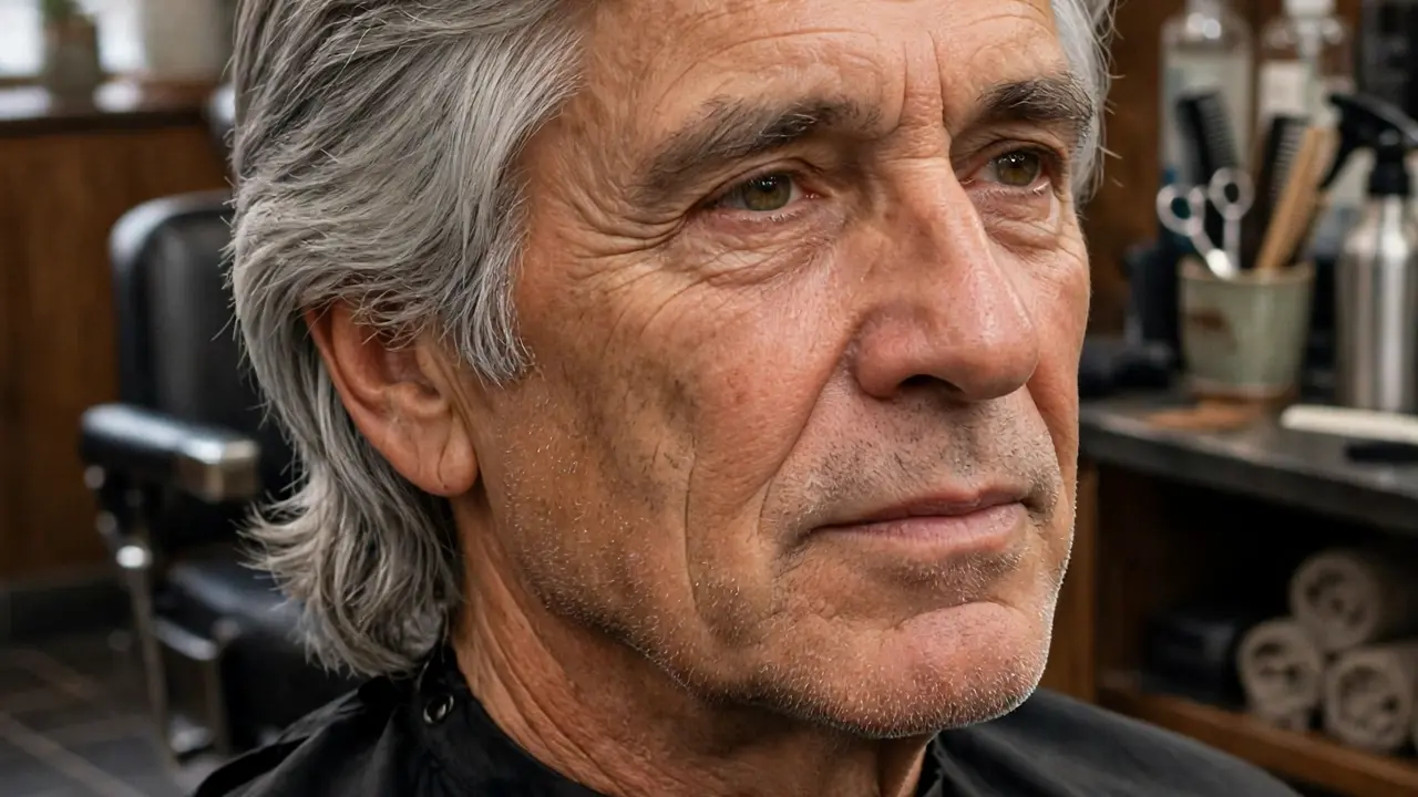 Older man with silver grey hair wearing a controlled medium length haircut