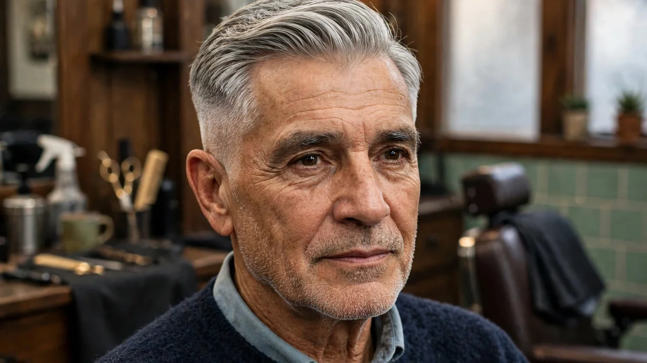 Older man with silver grey hair wearing a classic side part haircut