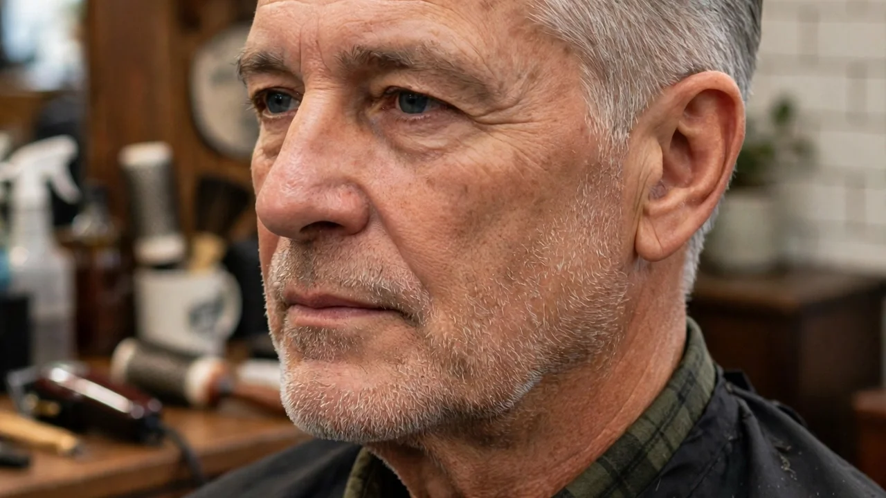 Older man with silver grey hair wearing a neat slick back haircut