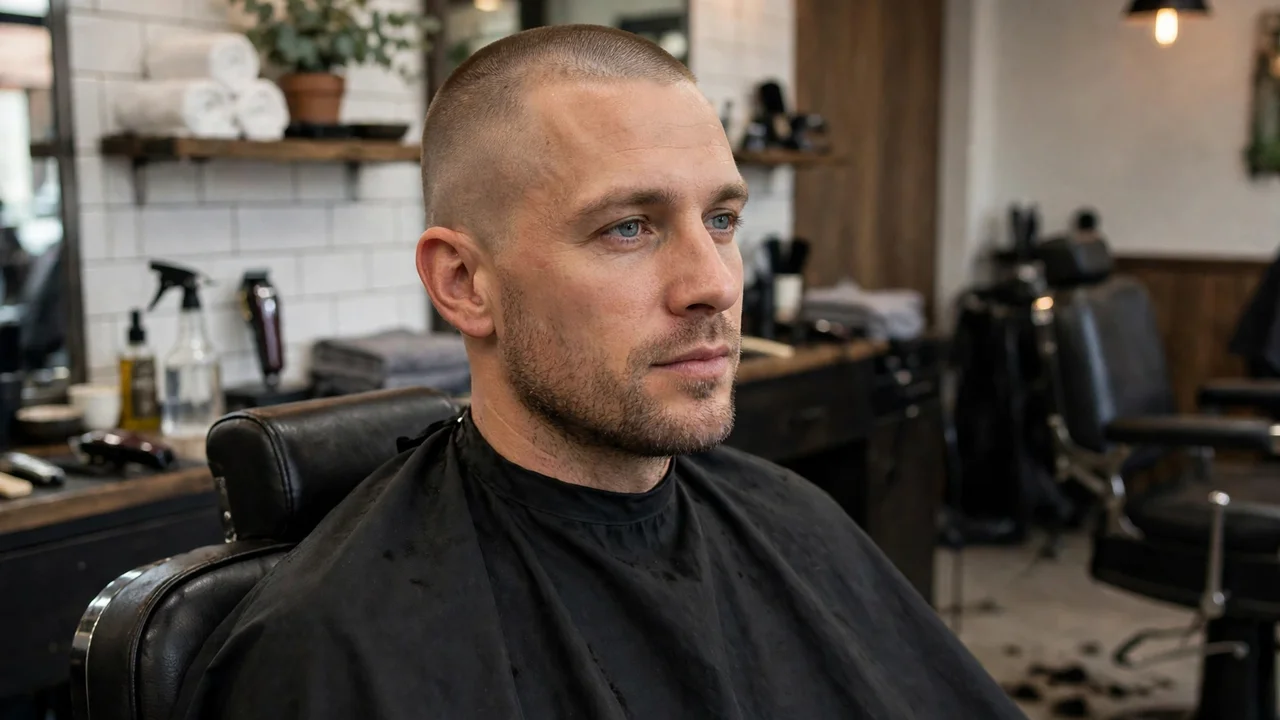 Buzz cut haircut with one even guard length all over.