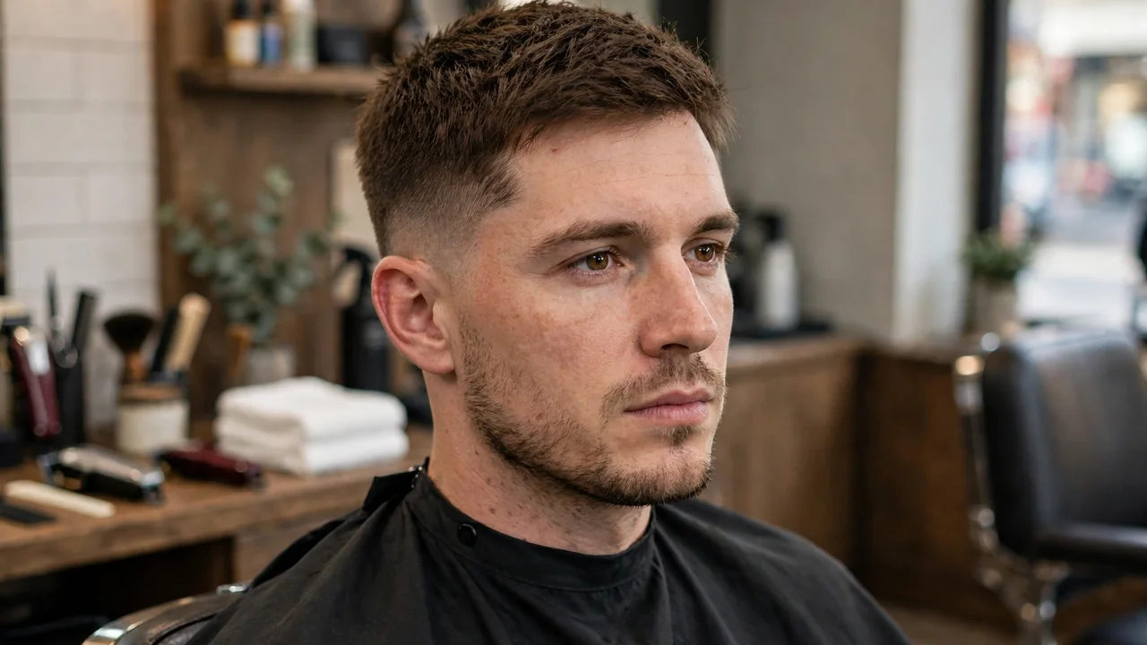 Crew cut haircut with a slightly longer top and tapered sides.