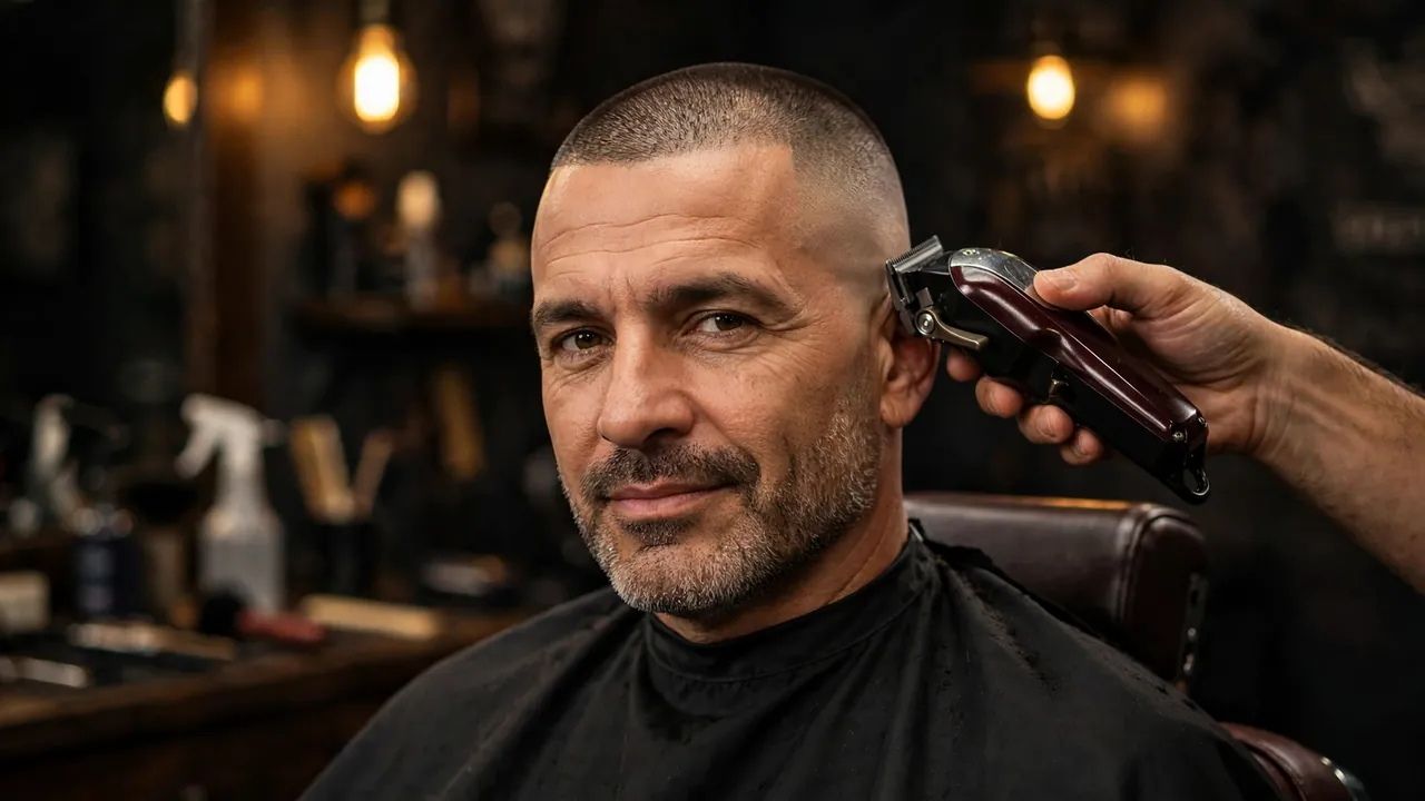 Buzz cut fade haircut for balding men in a barbershop.