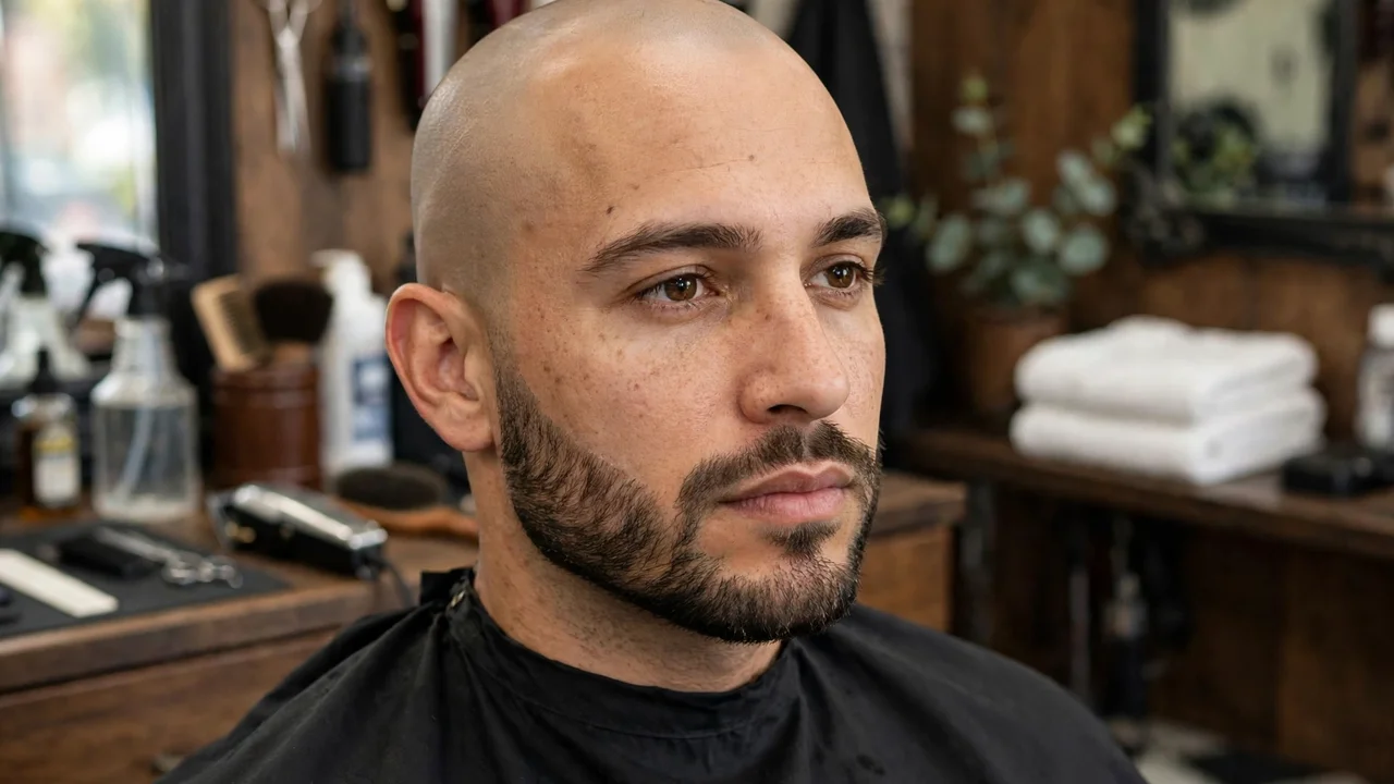 Cleanly shaved bald head with a short groomed beard.