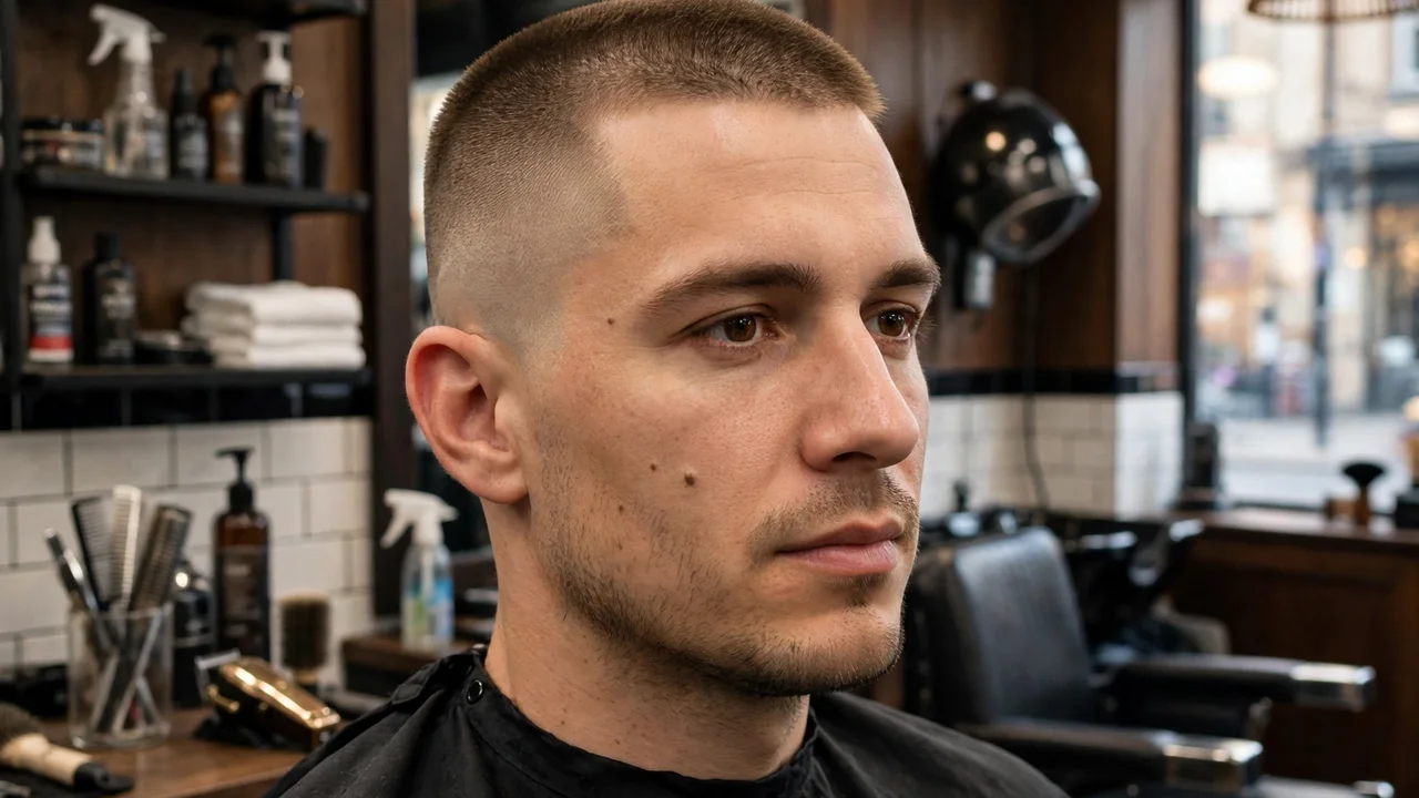 High and tight haircut with a short top and high skin faded sides.