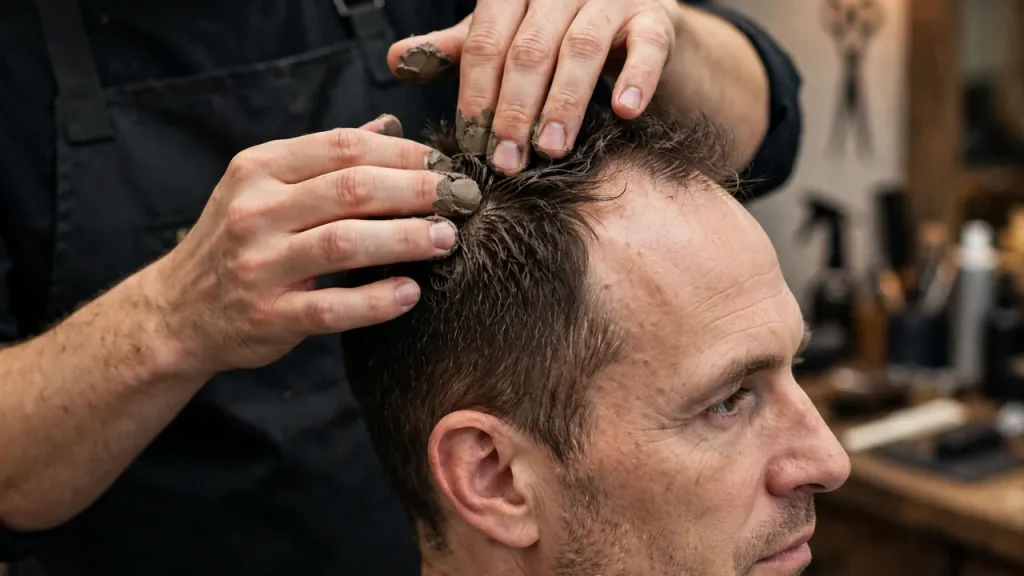 Textured crop haircut for a man with a receding hairline.