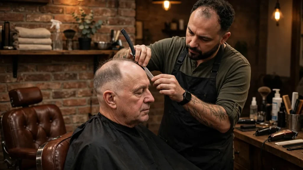 Barber giving a bald taper fade haircut to a balding client.
