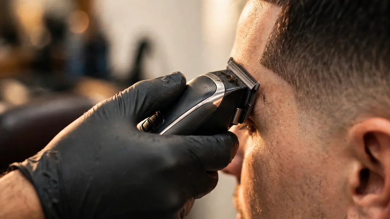 Barber shaping a lineup with a trimmer, a key phrase in barber terms lingo