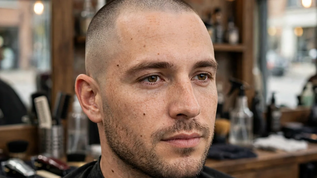 Buzz cut blended into a faded beard from head to chin