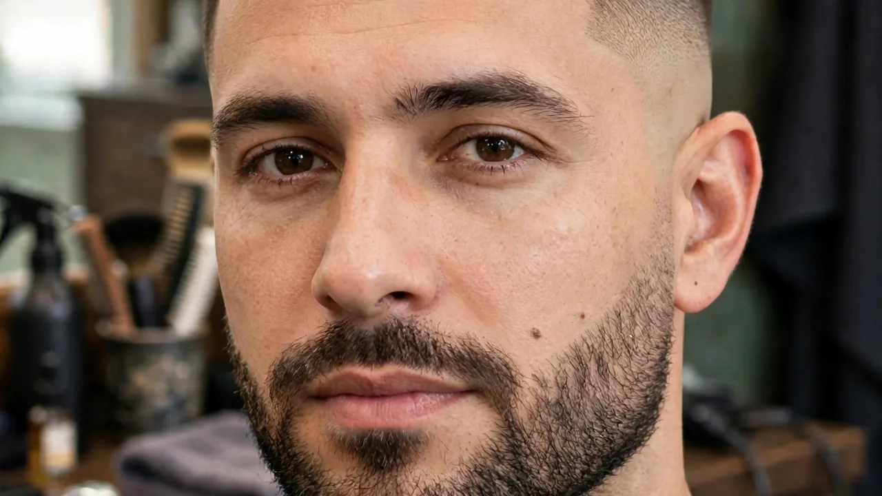 Short beard blended into a skin fade haircut through the sideburns