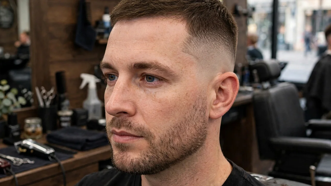 Short stubble beard faded to the skin through the sideburns in a barbershop