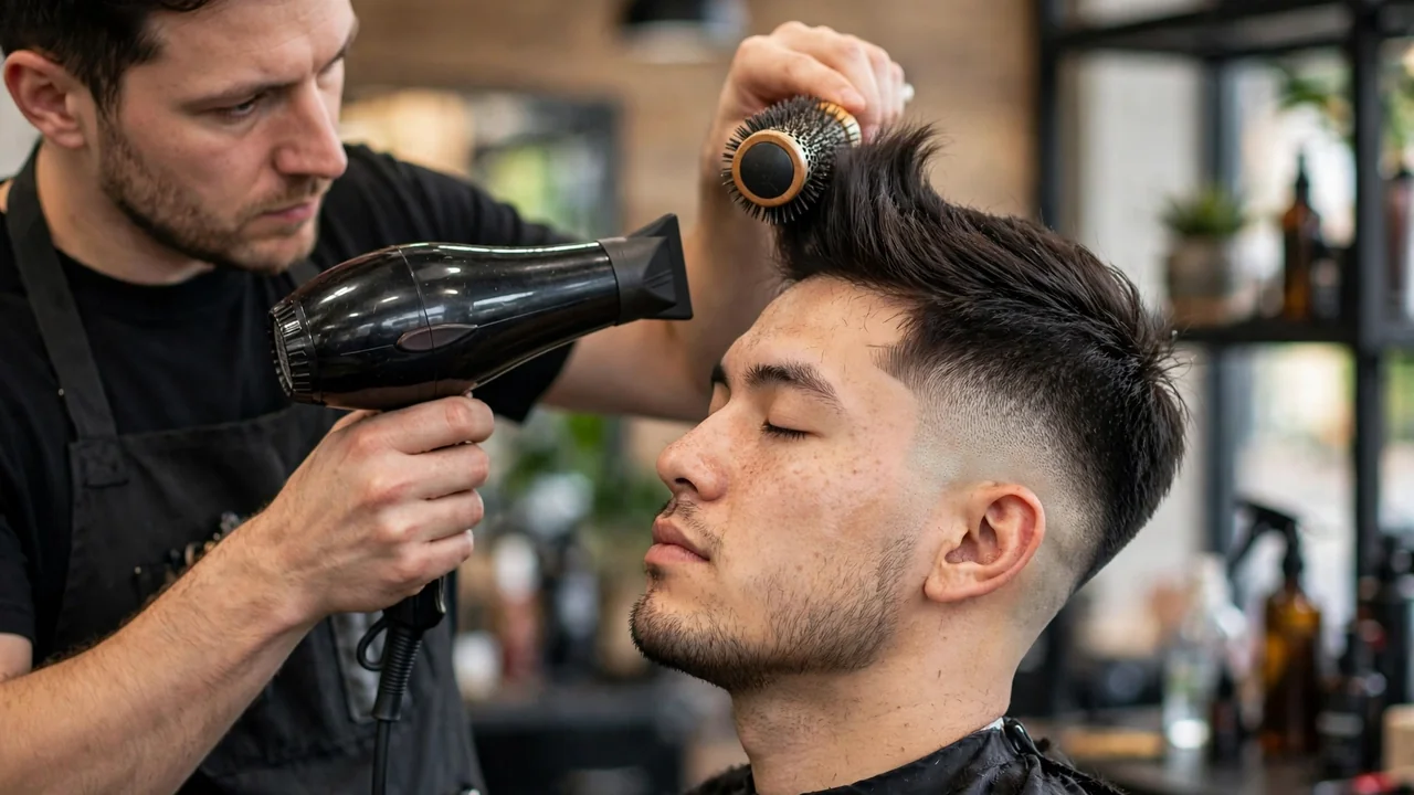 Barber styling a blowout taper with blow dryer and round brush