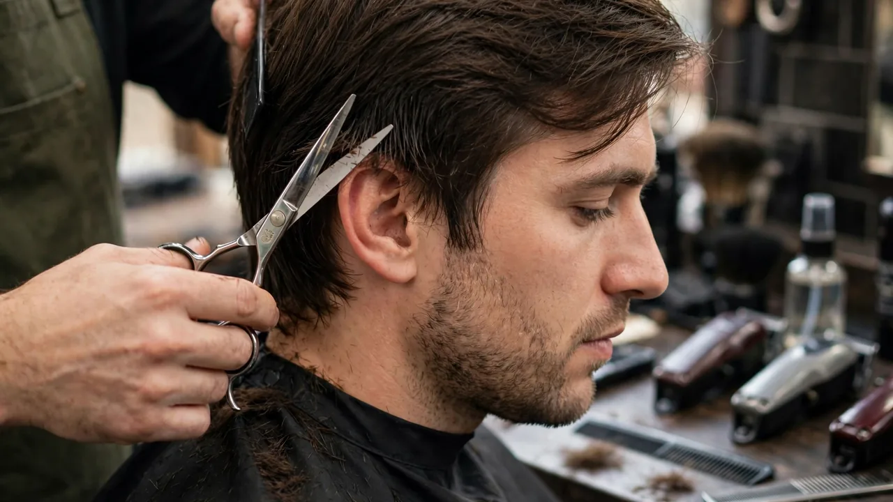 Barber cutting a layered bro flow haircut with scissors
