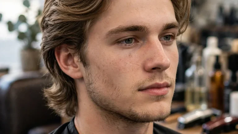 Bro flow hairstyle on a man with medium length layered hair swept back