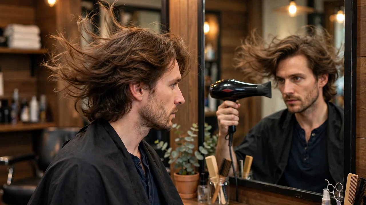 Man styling his bro flow hairstyle with a blow dryer