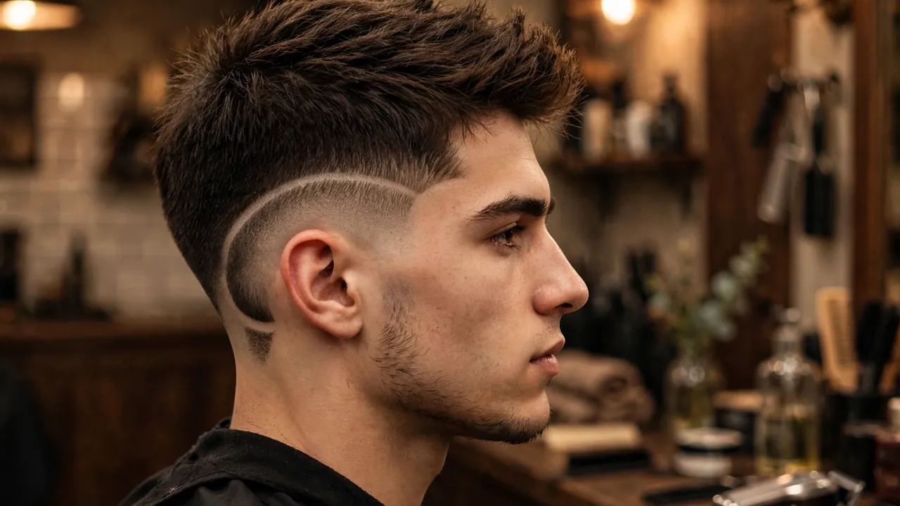 Burst fade haircut with curved semicircular fade around the ear