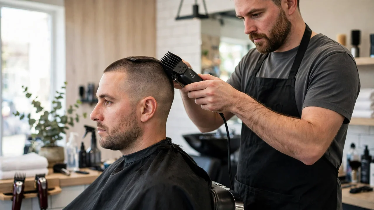 Barber clipping the top of a buzz cut with a number 3 guard in a barbershop