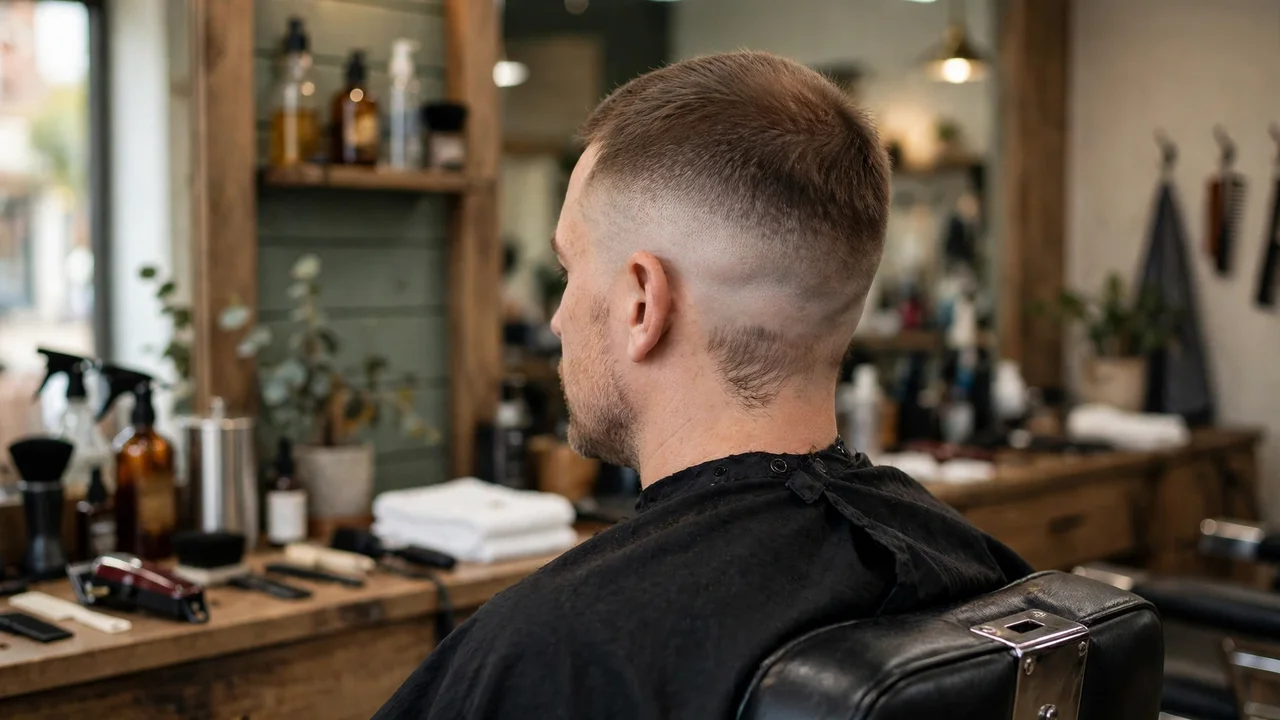 Back view of a soft shadow fade buzz cut with a whisper of hair at the bottom