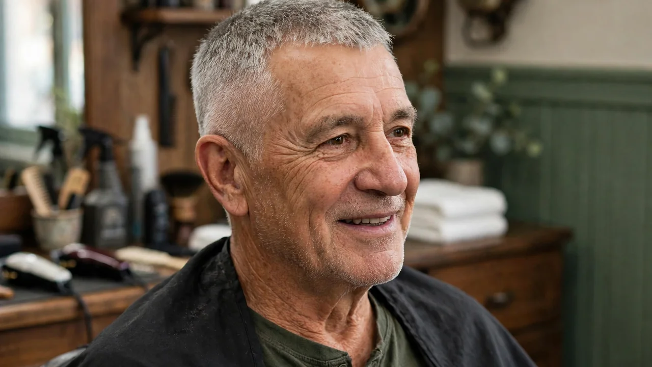 Short grey crew cut for men with a clean taper at the sides