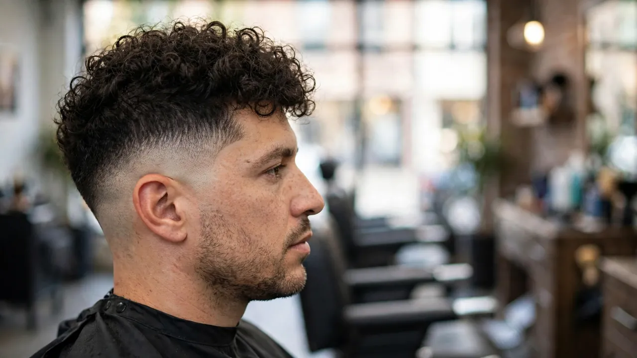 Curly burst fade with defined curls framed by the tight curve