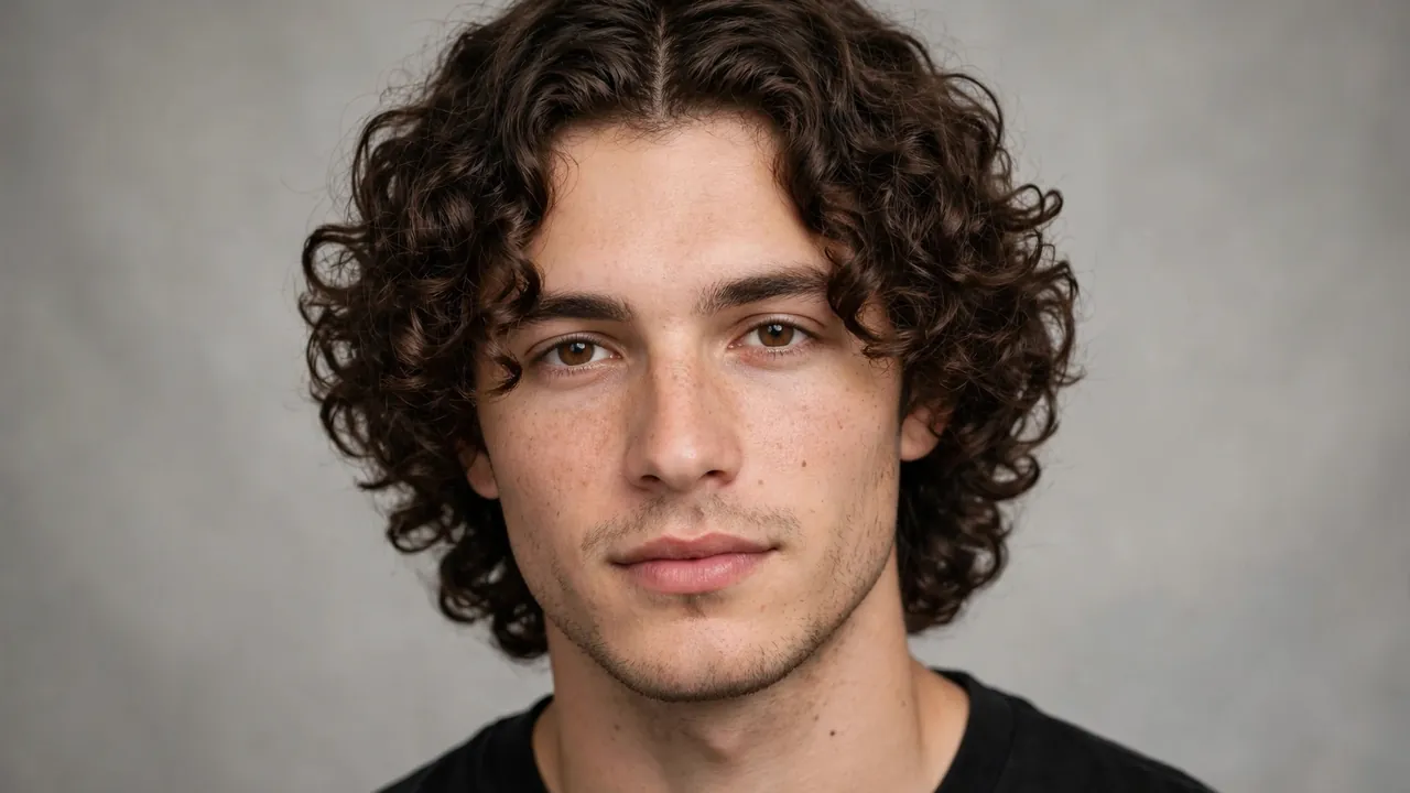 Curly curtain haircut men with middle part