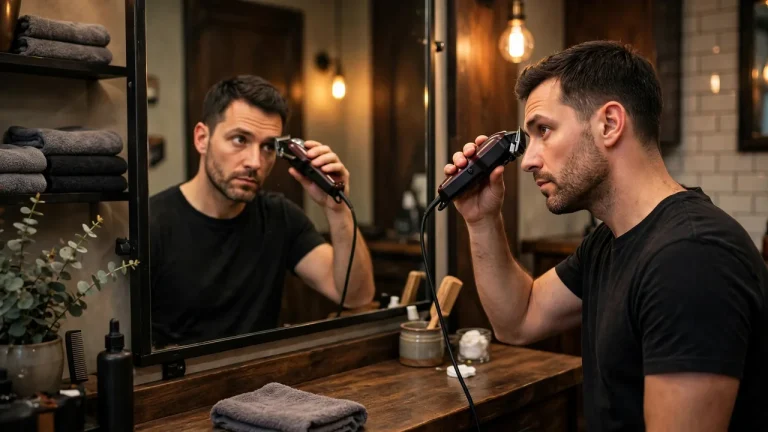 Man cutting his own hair with clippers, how to cut your own hair guide