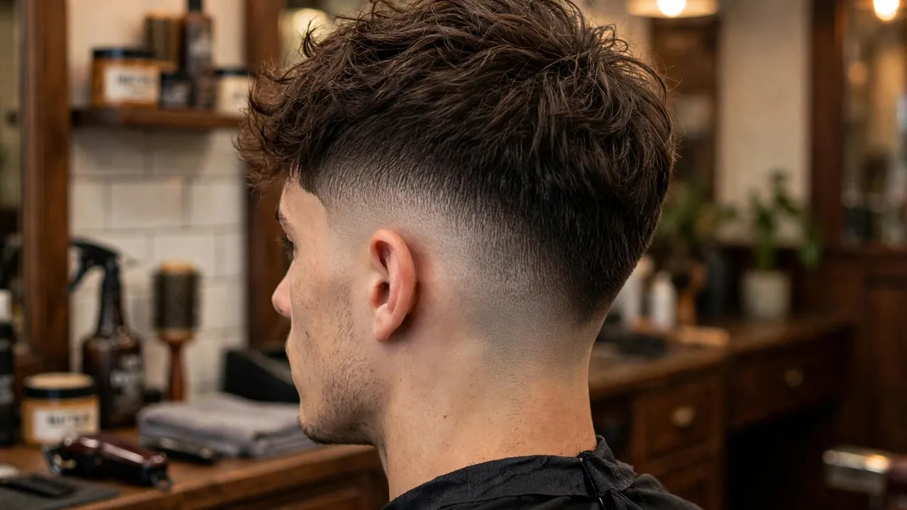 Drop fade haircut with descending fade line from temple to nape