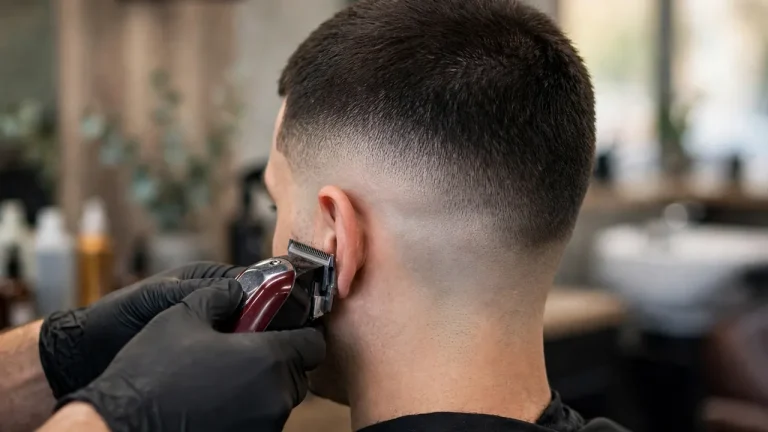 Drop fade vs burst fade comparison with a barber cutting the curved drop fade behind the ear